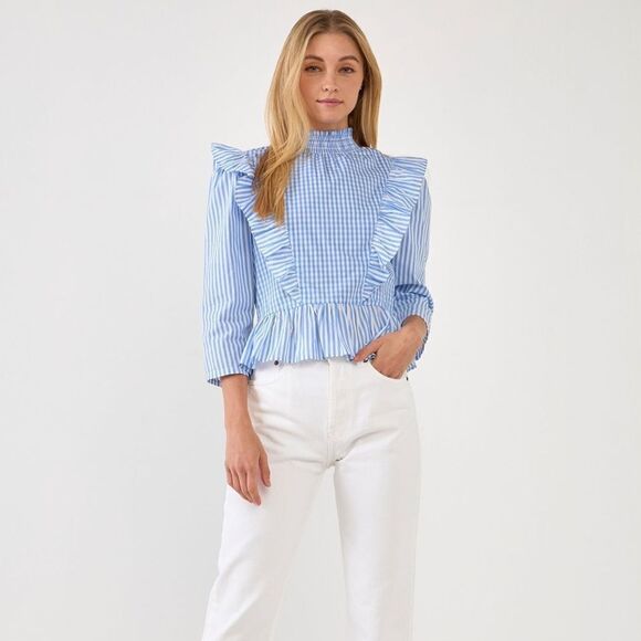 EUC English Factory Gingham Check & Stripe Mixed Blouse Size Medium - Picture 1 of 10